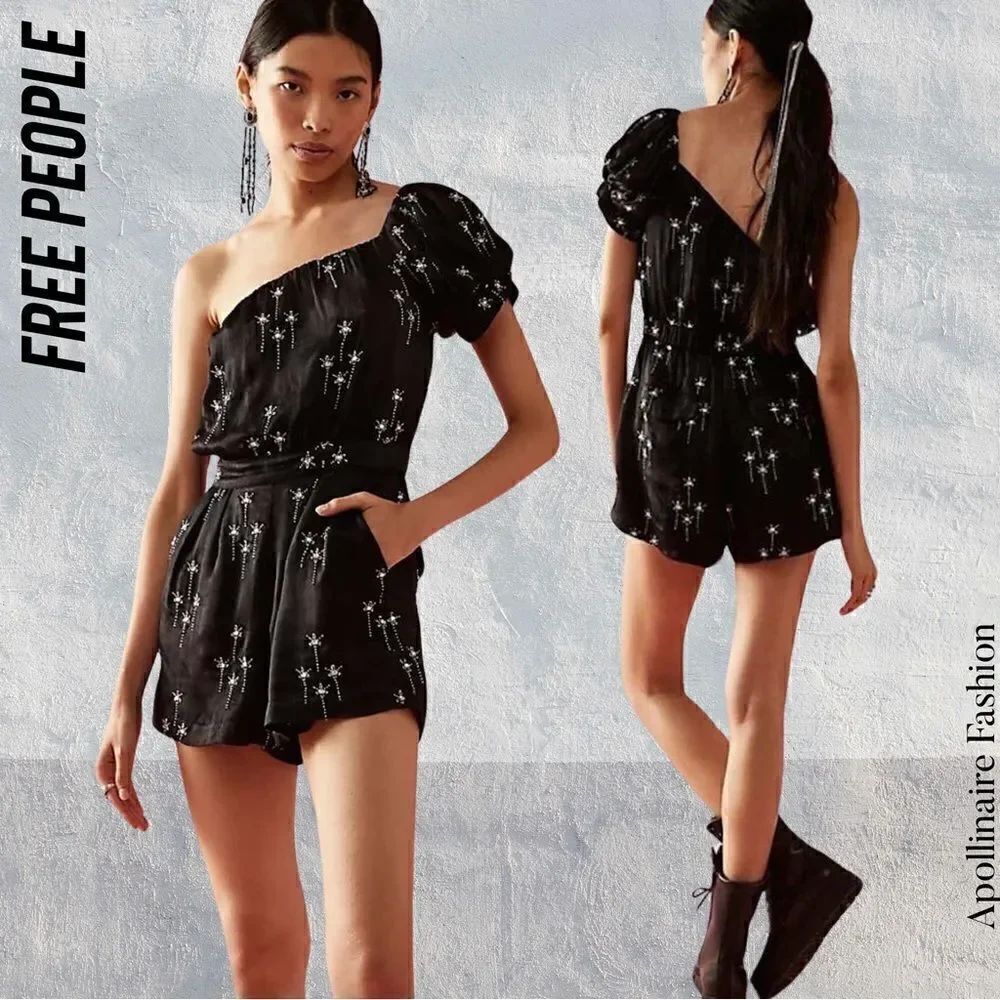 FREE PEOPLE GEMINI PARTY ROMPER BLACK SATIN EMBELLISHED NWOT LARGE